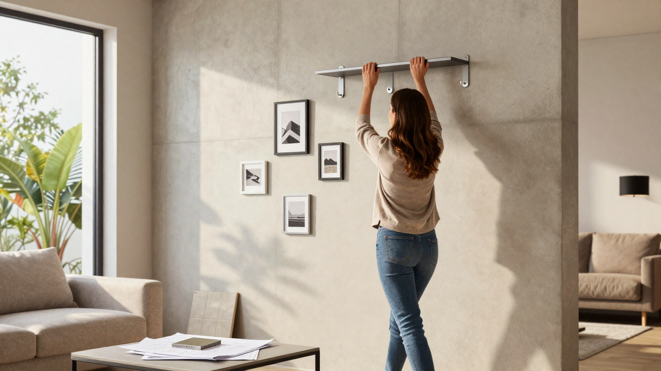 Woman mounting a shelf on a wall in a modern living room with framed pictures and a coffee table.