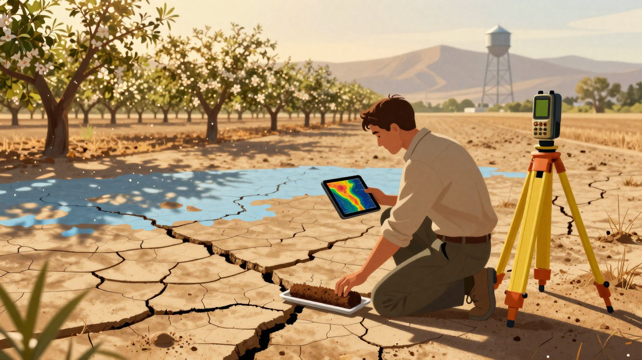 Man analysing cracked dry soil with a tablet in an orchard under a clear sky, near a water tower and survey equipment.