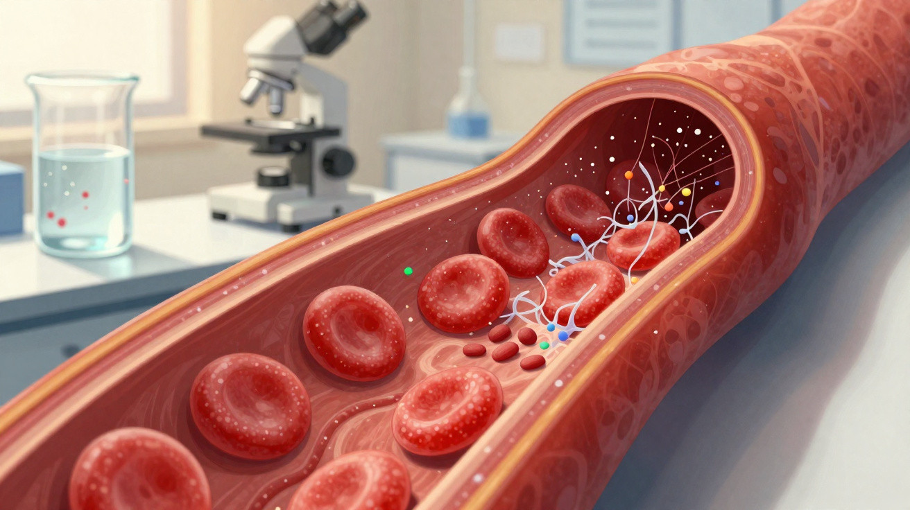 Cross-section illustration of a blood vessel showing red blood cells and platelets with a microscope in the background.