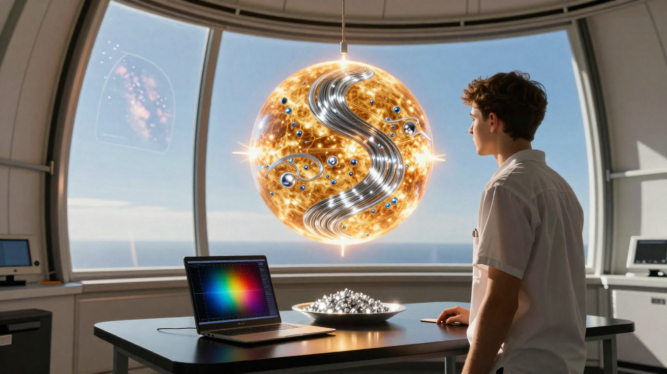 Person observing a glowing artistic sun-like orb suspended in front of a large window with ocean view.