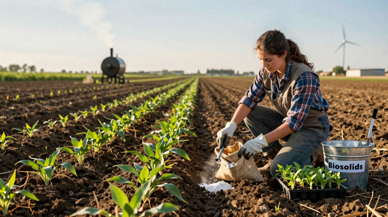 Woman kneeling in a field fertilising young crops with biosolids, surrounded by seedlings and wind turbines.