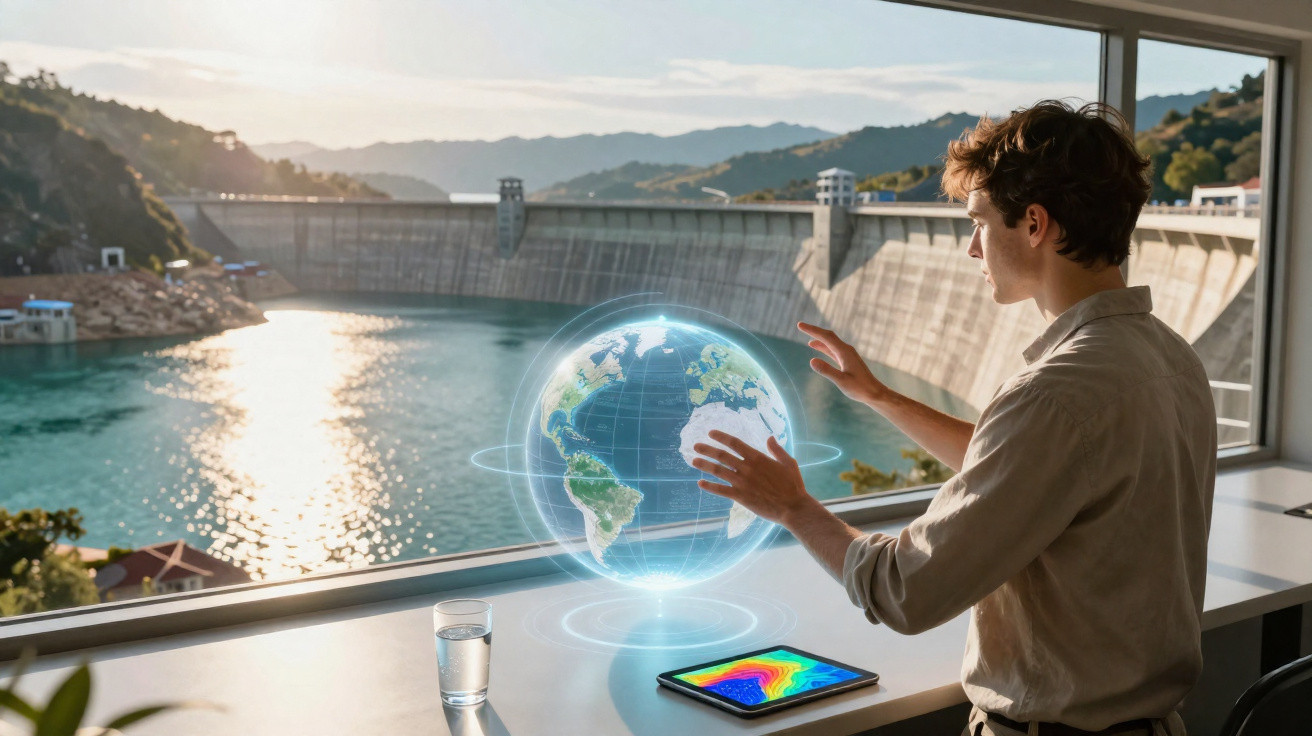 Young man interacting with a holographic Earth next to a dam with mountains in the background at sunset.