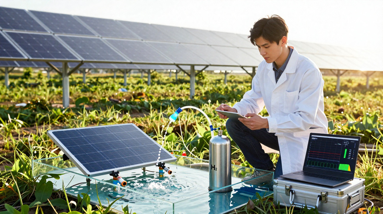 Scientist in a white coat testing solar panel and hydrogen production setup outdoors in a green field.