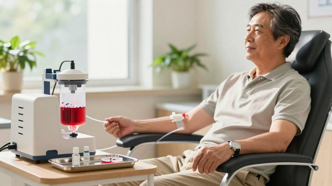 Older man donating blood while seated in a medical chair connected to a blood collection machine.