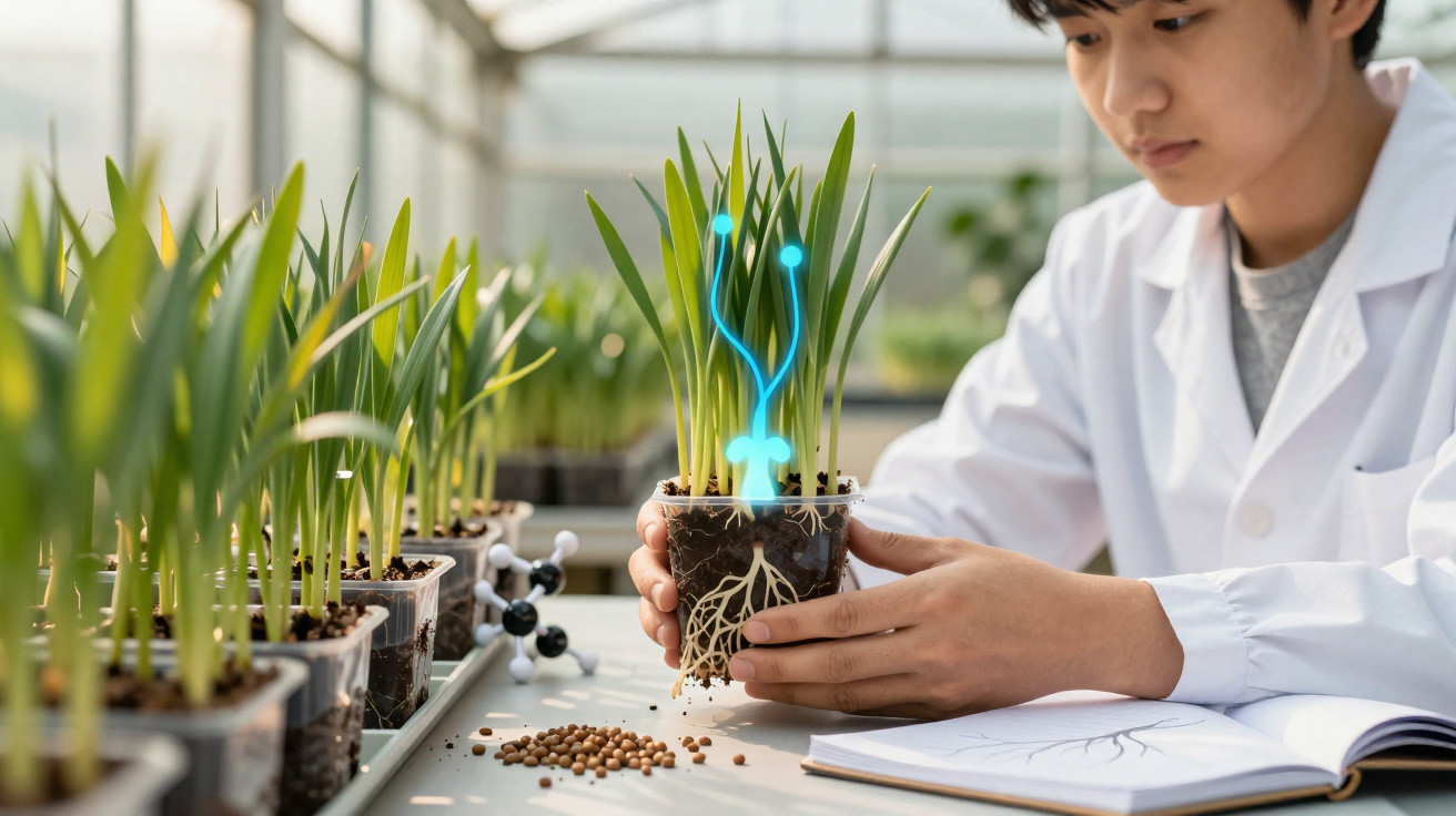 Scientist in a lab coat studying a potted plant with digital root and nutrient graphics in a greenhouse.