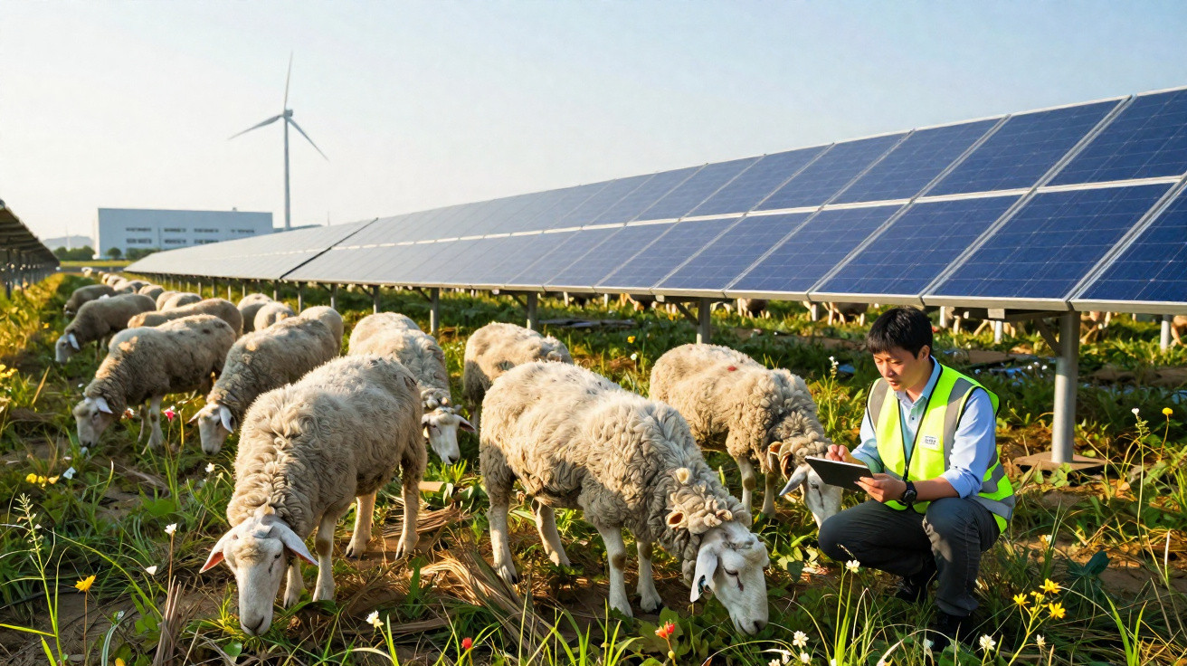 Sheep grazing under solar panels with a worker in a hi-vis vest inspecting on a tablet in a renewable energy farm.