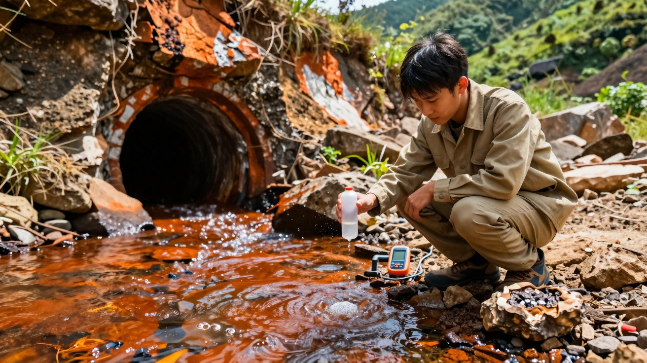 Scientist collecting water sample from rusty-coloured stream flowing from a drainage pipe in rocky terrain.