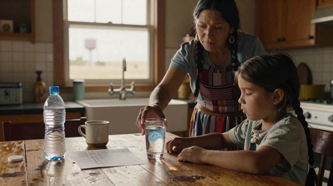 Woman in apron gives a glass of water to a young girl sitting at a wooden kitchen table with papers and cup.