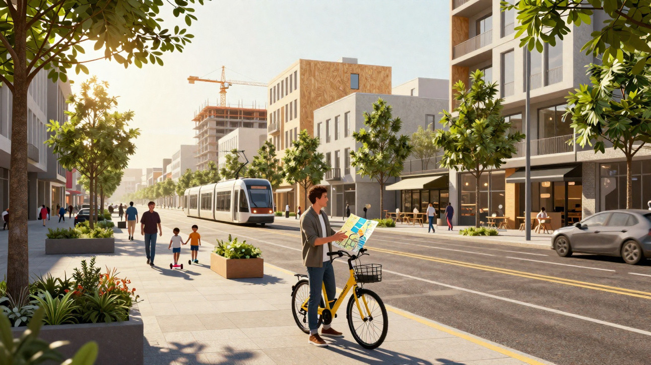 Man with yellow bike checking map on sunny urban street with tram, cars, pedestrians and modern buildings.