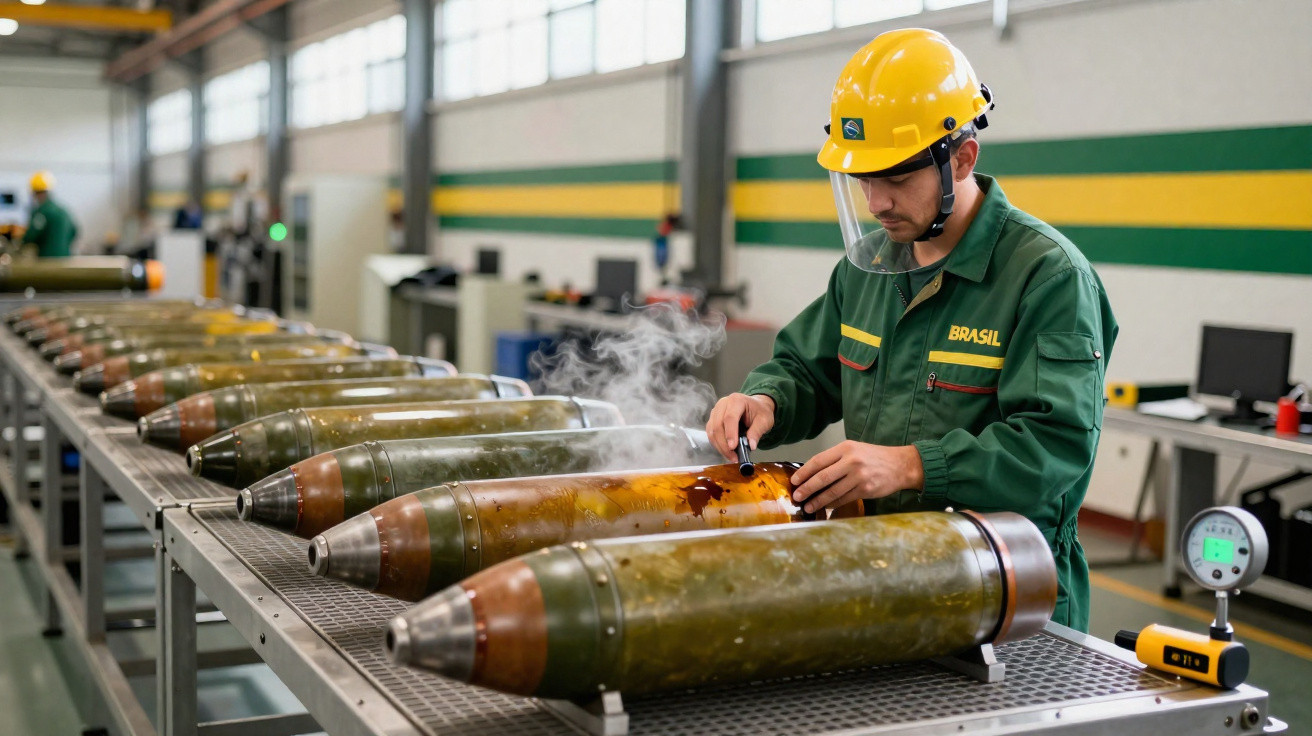 Technician in protective gear inspecting large artillery shells on a factory assembly line.