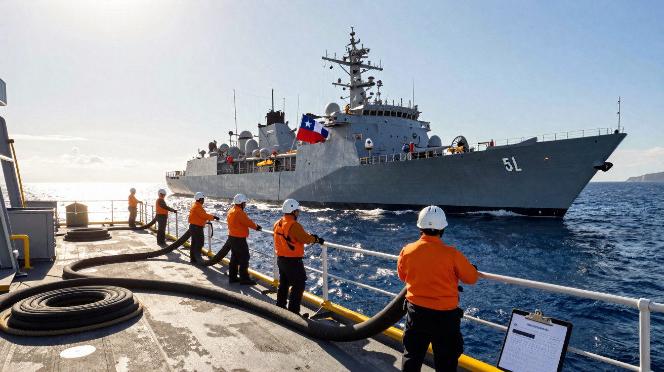 Crew in orange safety gear handle hoses on deck as a navy ship with a Chilean flag sails close by in calm sea.