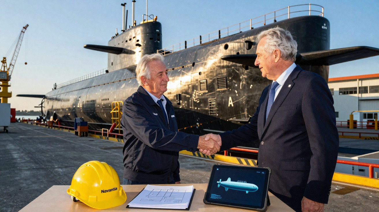 Two men in business attire shaking hands by a table with submarine plans, a hard hat, and a submarine in the background.