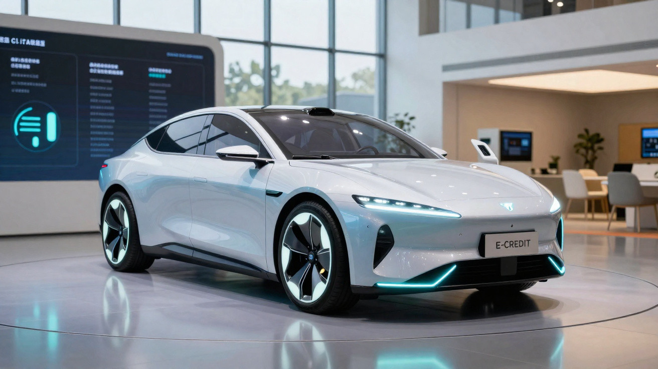 Sleek white electric car with futuristic design displayed indoors on a shiny floor with digital screens in the background