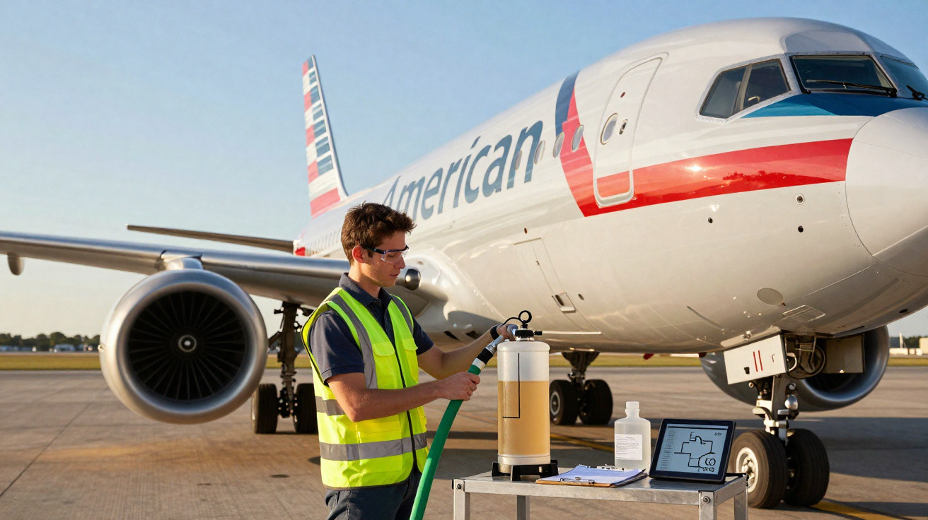 Technician in high-visibility vest refuelling American Airlines plane on tarmac during clear day.