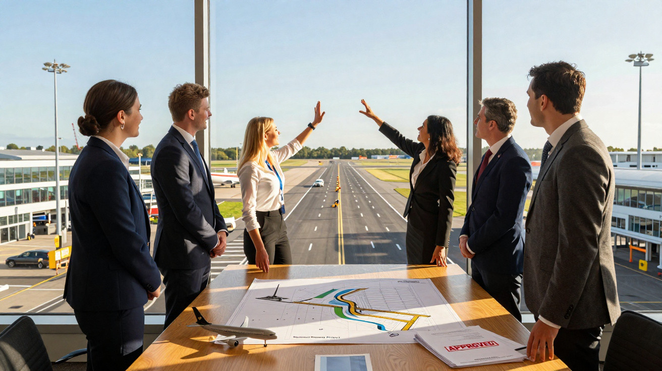 Group of businesspeople in suits discussing airport runway plans by a large window overlooking the runway.