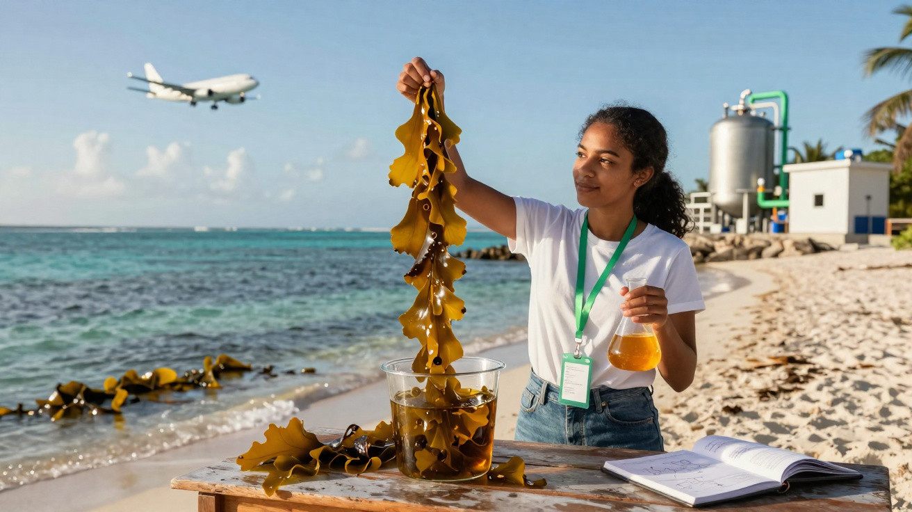 Woman examining seaweed and liquid samples on a beach with an airplane flying over the ocean in the background.