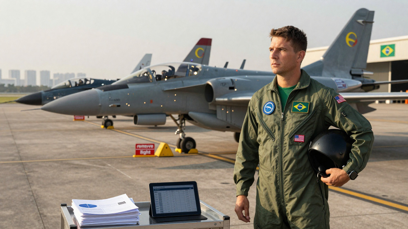 Pilot in flight suit holding helmet beside fighter jets on runway with documents and tablet on trolley.
