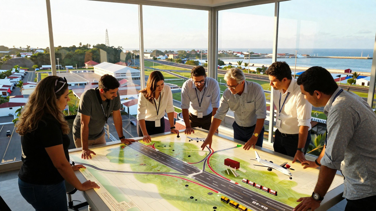 Seven professionals gathered around a large airport model in a glass-walled meeting room during daylight.