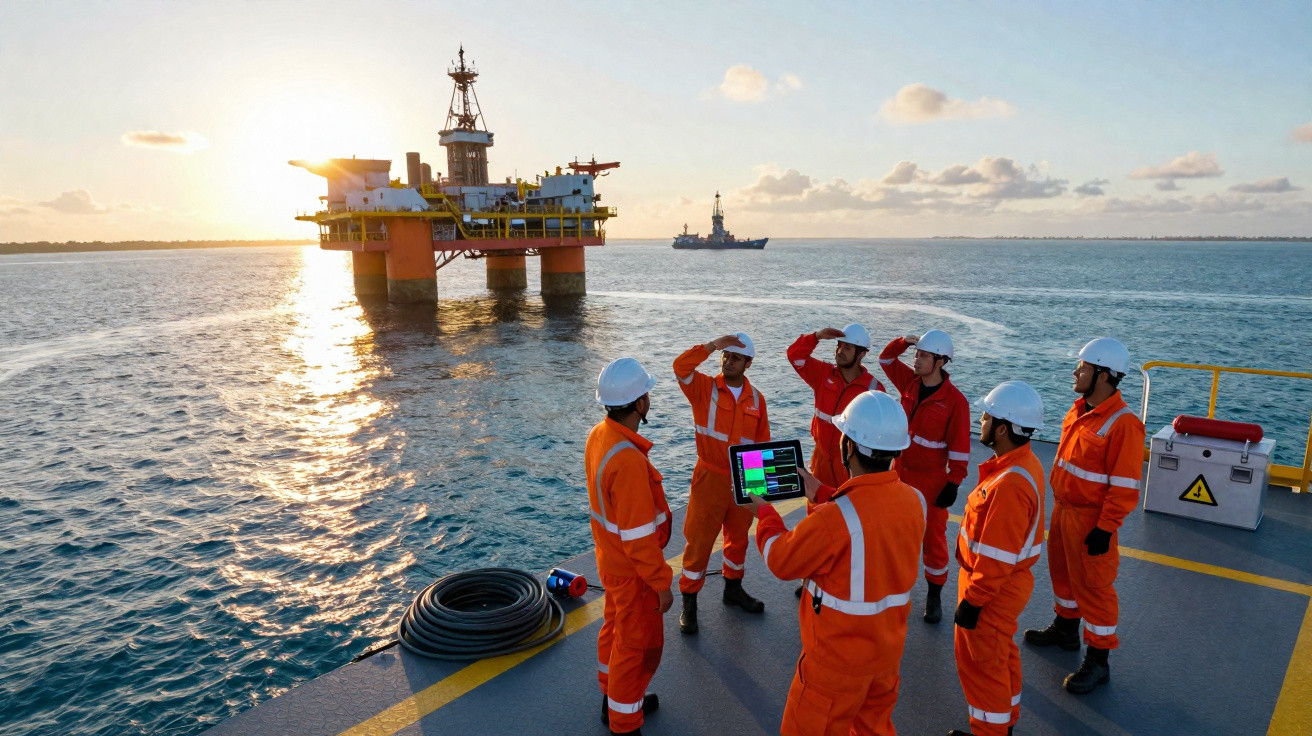 Oil rig workers in orange safety gear gathered on a platform near an offshore oil rig at sunset.