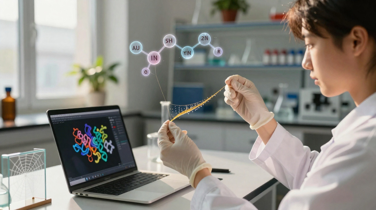 Scientist in gloves analysing molecular structure on elastic bio-material with laptop displaying protein model in laboratory.