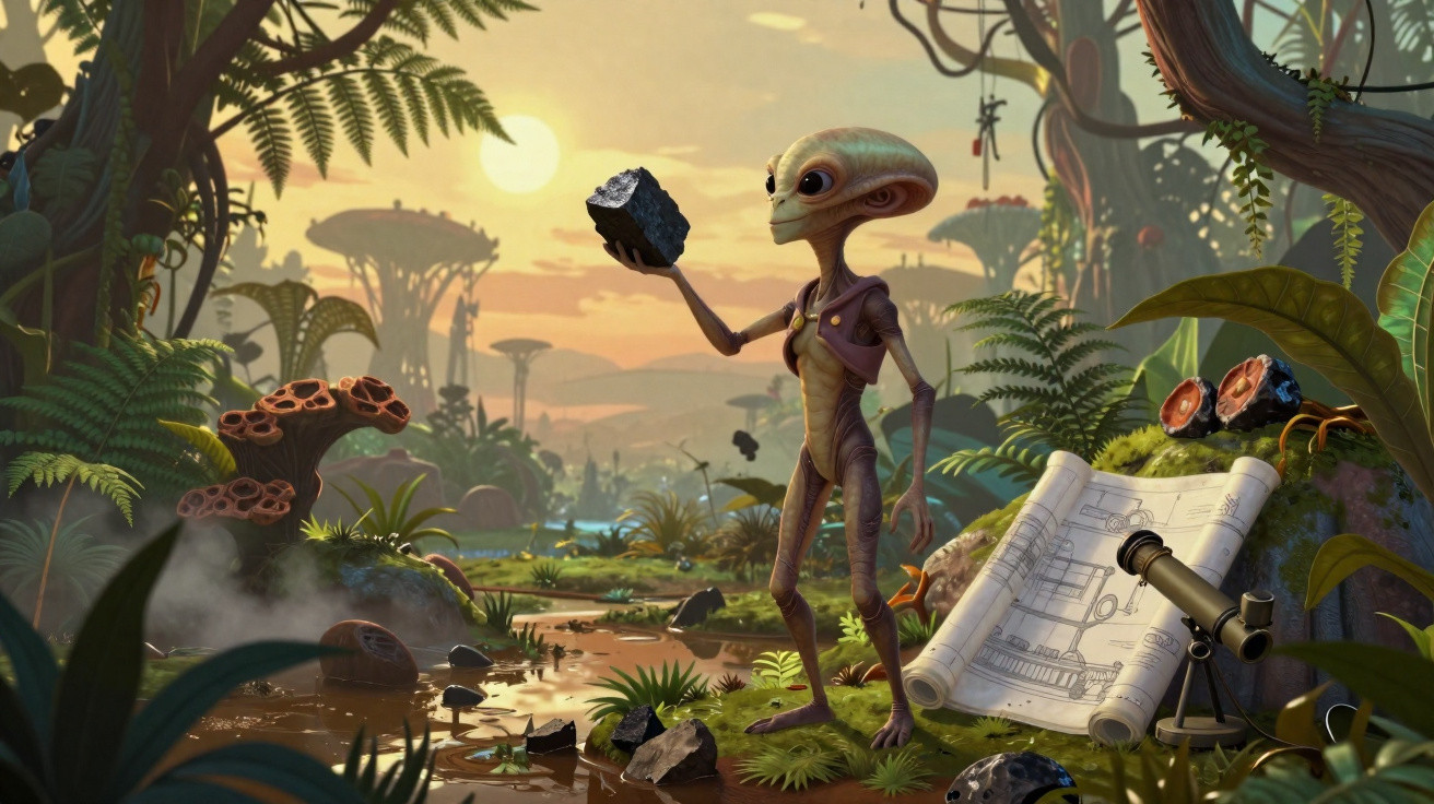 An alien creature examines a rock in a lush, futuristic alien landscape with blueprints and a telescope nearby.