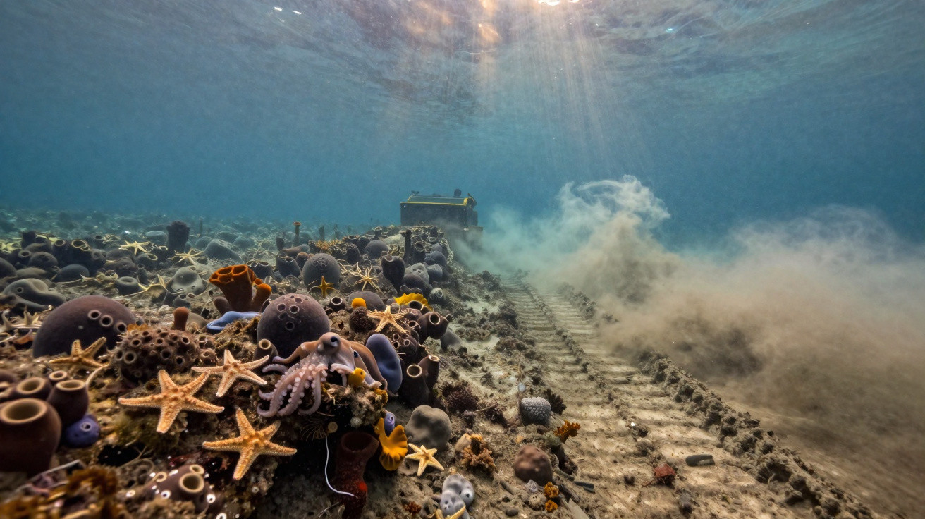 Underwater scene showing a submarine navigating a seabed filled with corals and starfish.