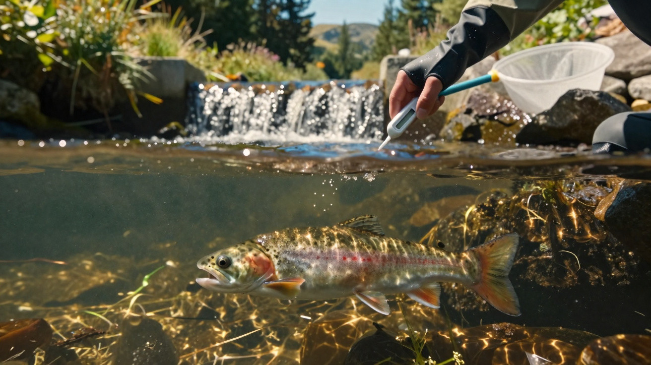 Half-submerged image of a trout swimming in a clear stream with a person testing water quality above.