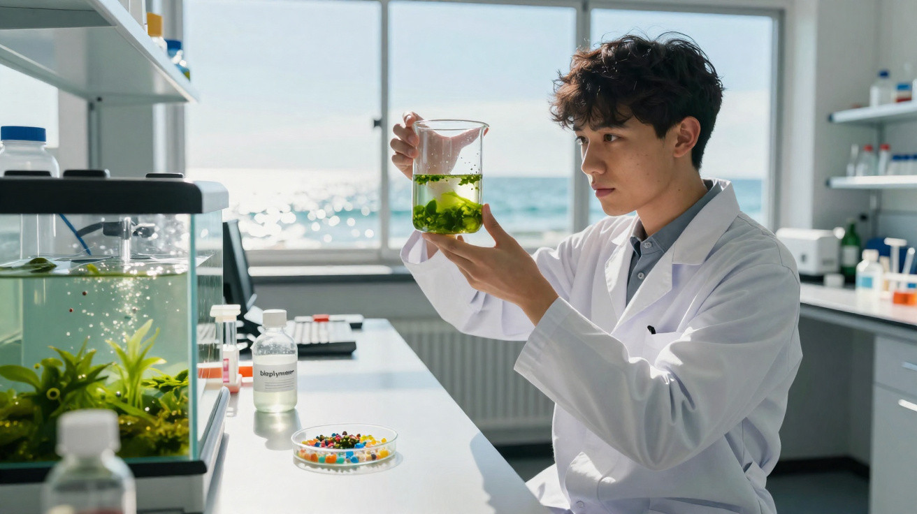 Scientist in white lab coat examining green plant samples in a beaker in a bright laboratory by the sea.