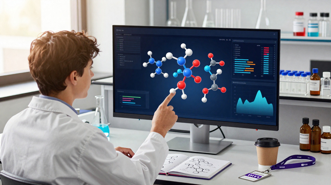 Scientist in lab coat analysing molecular structure on computer screen in a laboratory setting.
