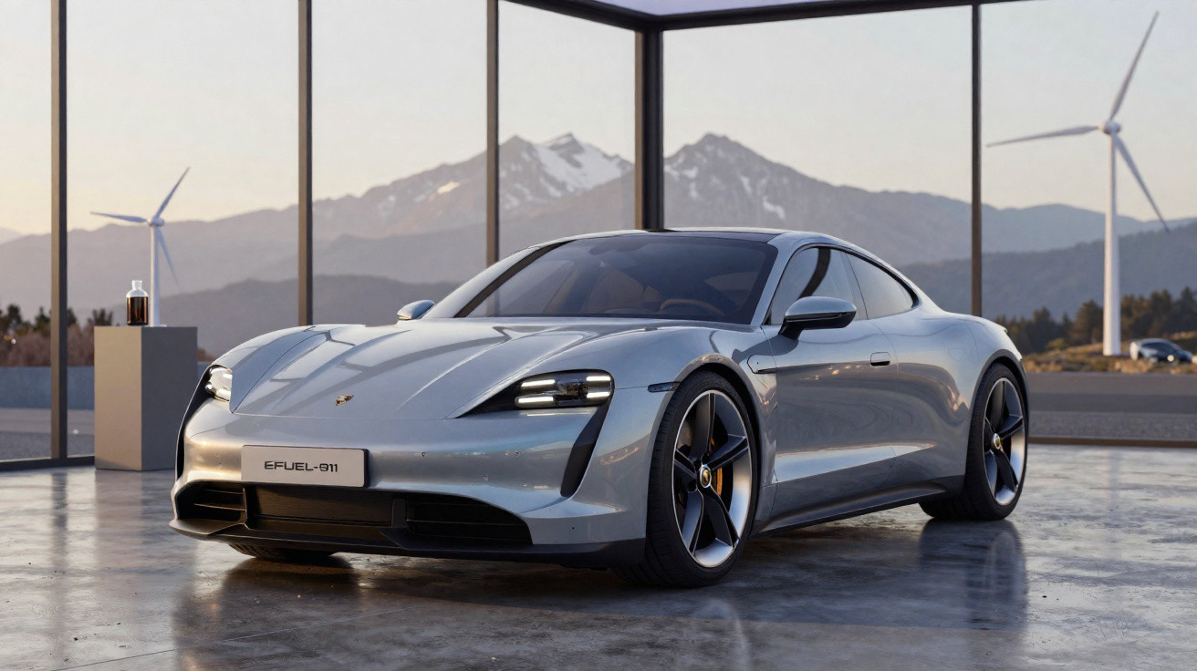 Silver Porsche EFUEL-911 sports car parked indoors with wind turbines and mountains in the background at sunset.