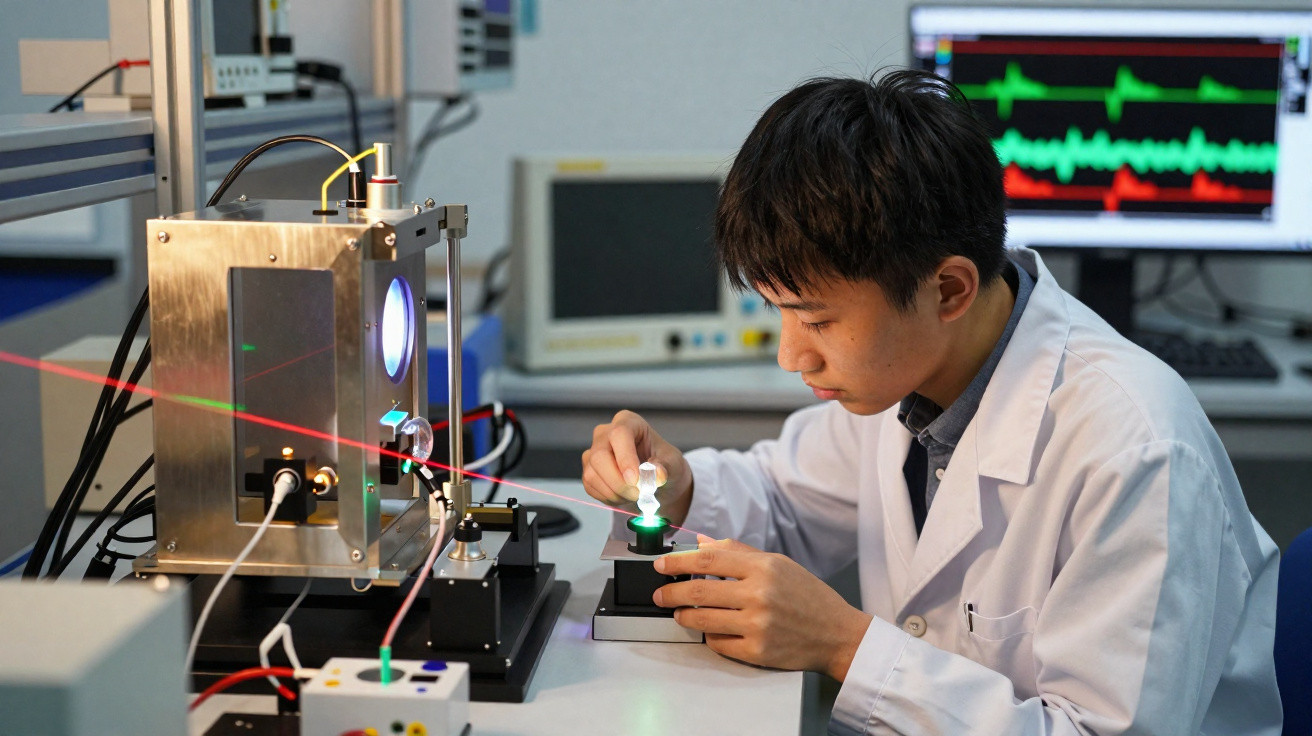 Scientist in lab coat working with a laser setup and electronic equipment in a laboratory.