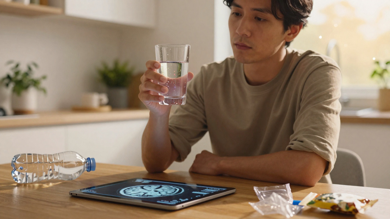 Man holding a glass of water sitting at a table with a tablet displaying brain scans and a water bottle.