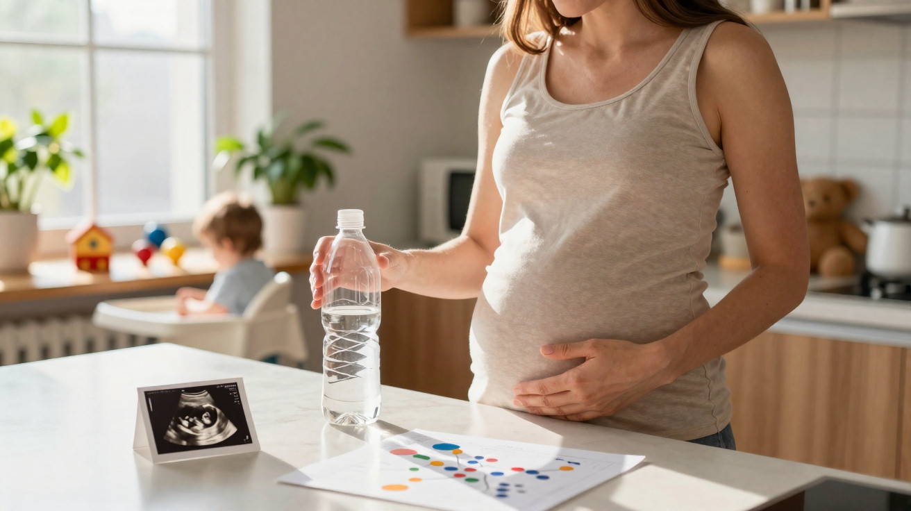 Pregnant woman holding a water bottle in a sunlit kitchen with baby scan photo and child in the background.