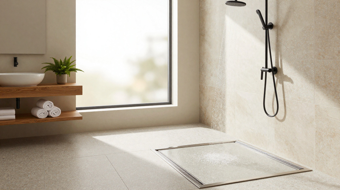 Modern minimalistic bathroom with walk-in shower, black fixtures, wooden shelves, white vessel sink, and large frosted window
