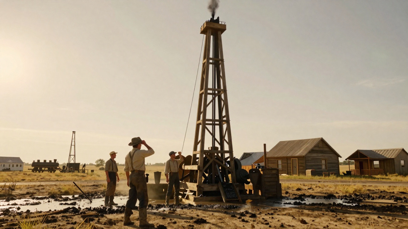 Men operating an early wooden oil rig in a muddy field near rustic buildings under a clear sky.