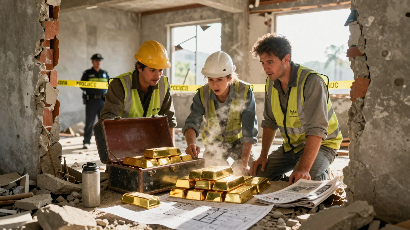 Construction workers in high-vis vests and helmets discover gold bars in a briefcase at a building site.