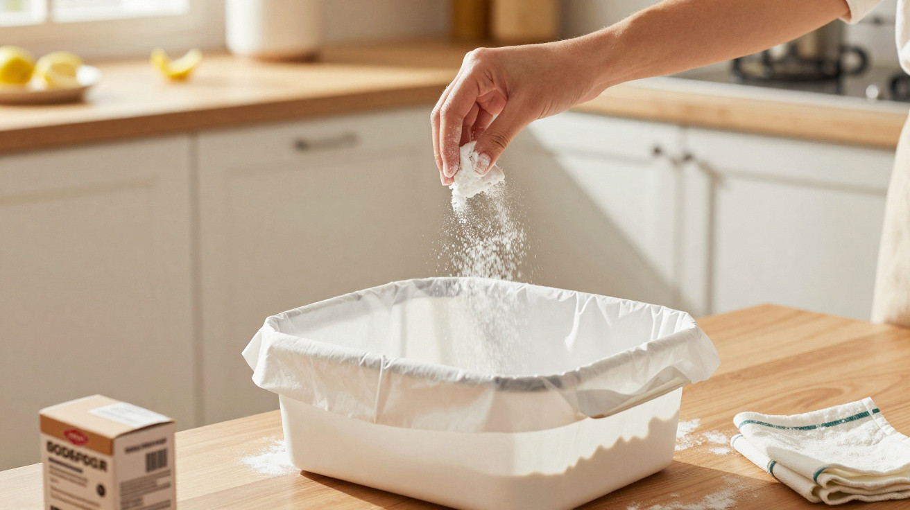 Hand sprinkling flour into a white baking tray lined with parchment paper on a kitchen counter.