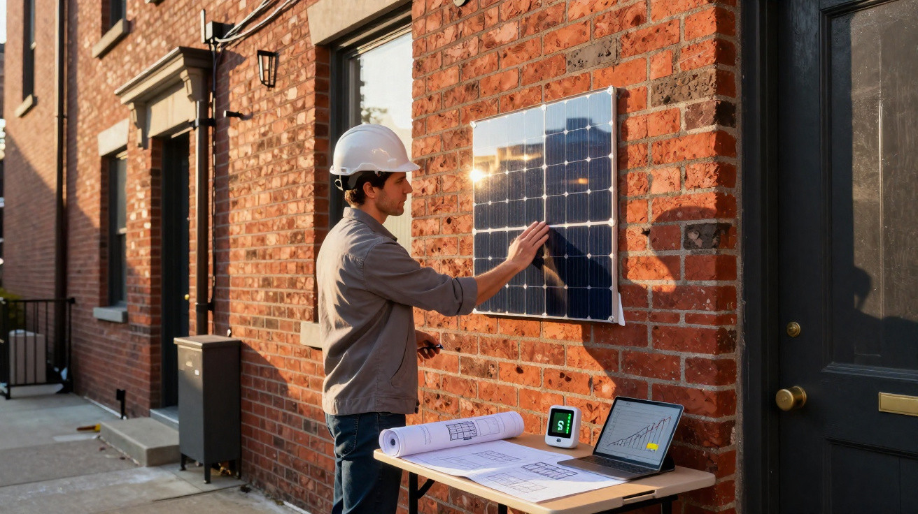 Engineer in hard hat inspecting a solar panel mounted on a brick wall outside a building with blueprints and laptop on table.