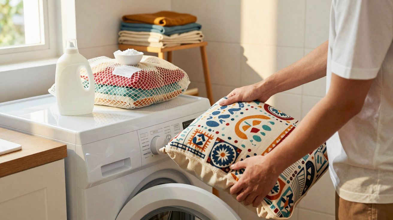 Person placing a patterned cushion into a front-loading washing machine in a sunlit laundry room.