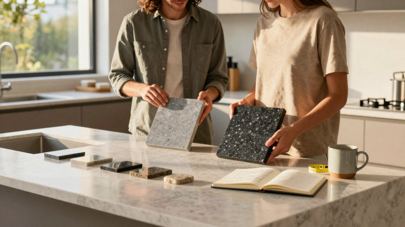 Two people comparing grey and black stone samples on a kitchen island with other samples and an open notebook.