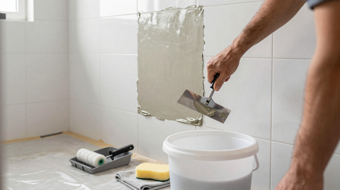 Person applying adhesive with a trowel to a bathroom wall for tile installation or repair.