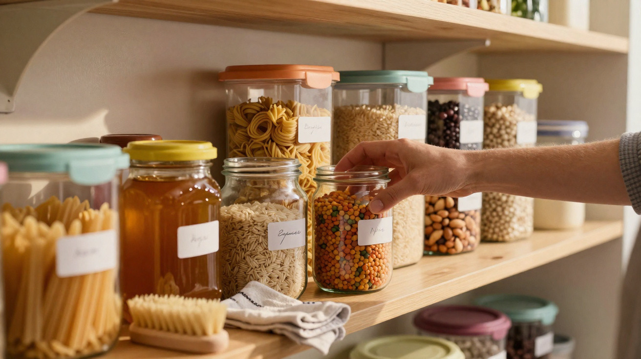 Hand reaching for a jar of colourful lentils on a wooden kitchen pantry shelf with various jars of food.
