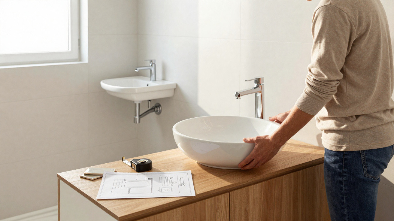 Person installing a modern white basin sink on a wooden countertop in a bright bathroom.