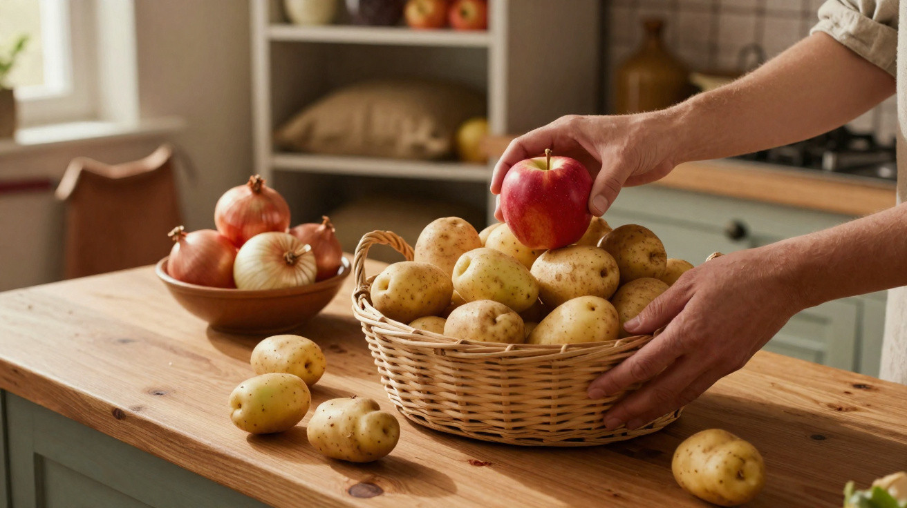 Hands placing a red apple on top of a basket filled with potatoes on a wooden kitchen table.