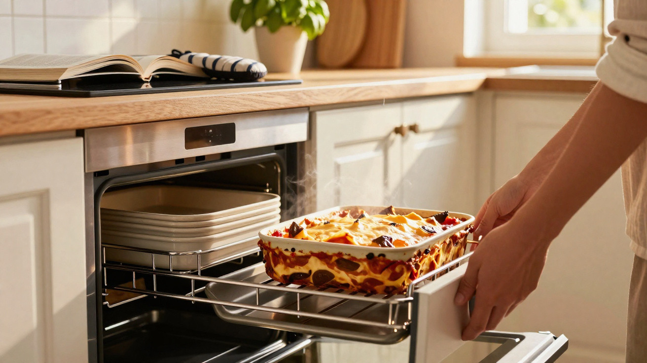 Person taking a steaming baked lasagna out of a modern built-in oven in a bright kitchen.