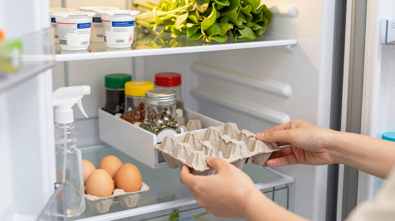 Person placing an empty egg carton into a fridge containing eggs, lettuce, spices, and yogurt pots.
