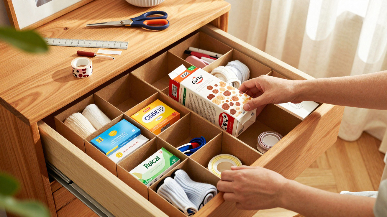Person organising a wooden drawer with socks, food boxes, scissors, and tape in a neat grid layout.