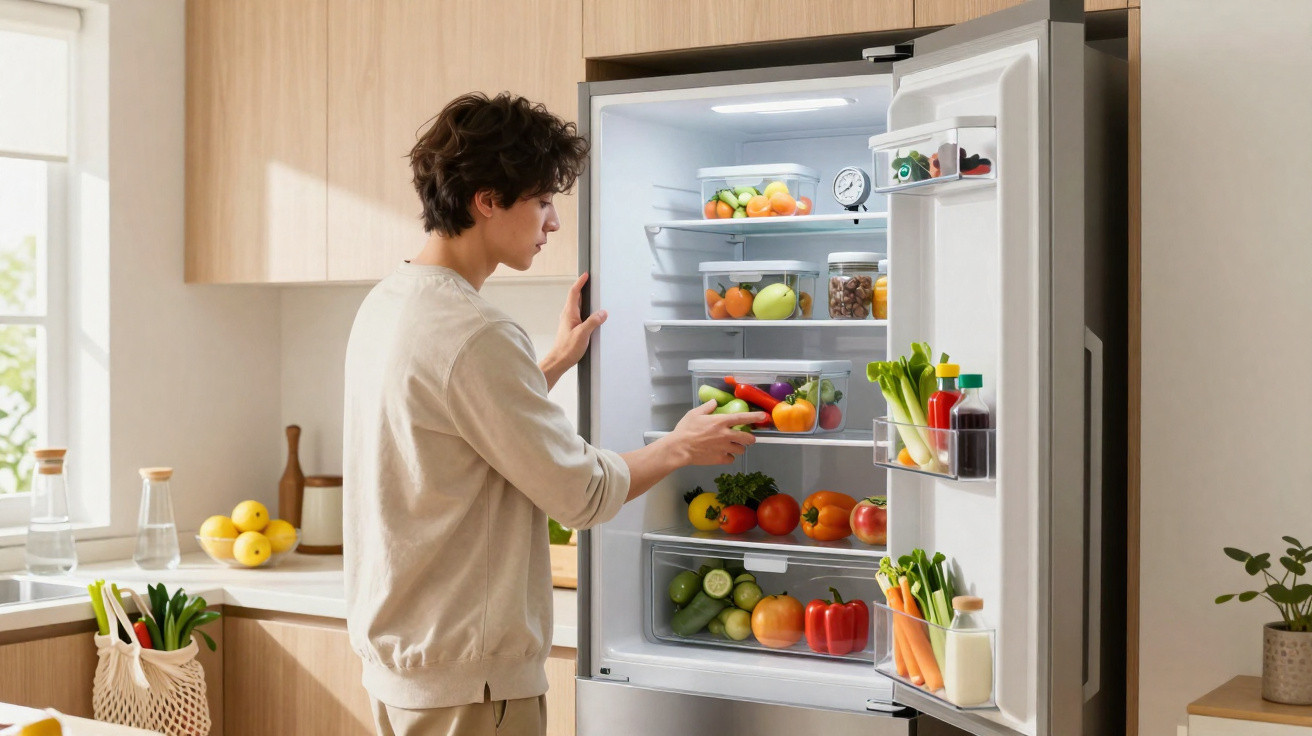 Person organising fresh vegetables in a well-stocked refrigerator in a bright kitchen.