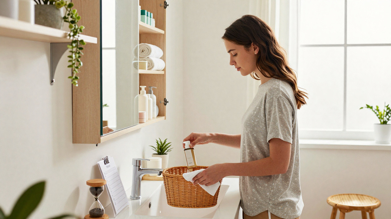 Woman placing a small bottle into a wicker basket in a bright, organised bathroom with plants and towels.