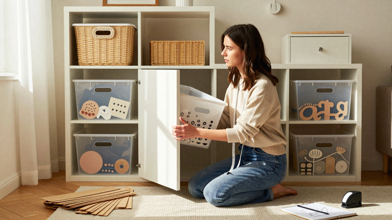 Woman organising plastic storage boxes with craft materials in a white shelving unit in a bright room
